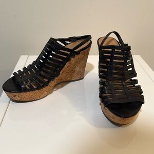 Franco Sarto Sombre Black Strappy Cork Wedge Open Toe Sandals Heels Size 7